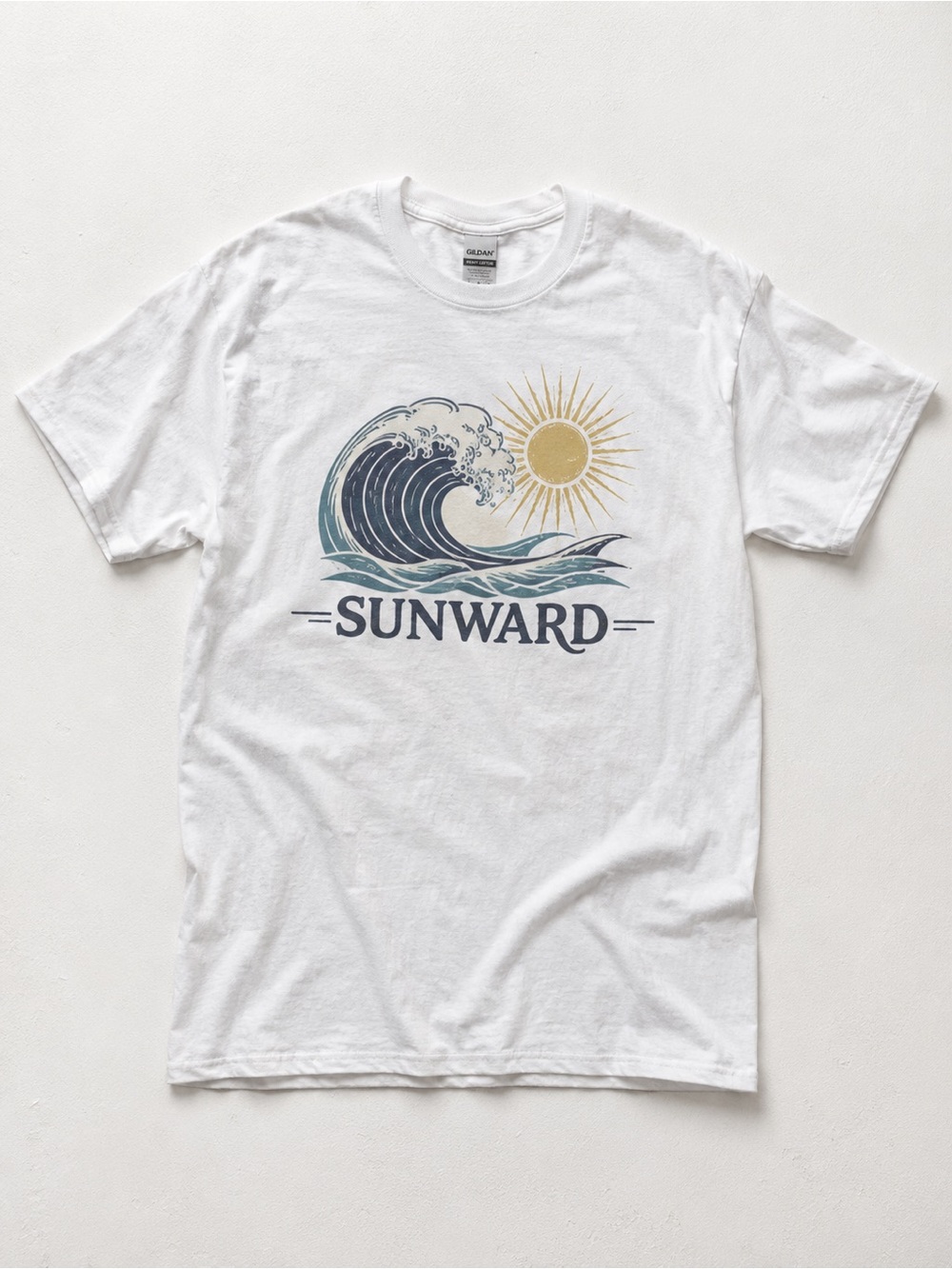 Gildan White Short-Sleeve Tee with Wave, Sun & 'SUNWARD' Graphic UNISEX